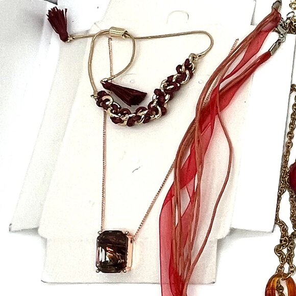 VINTAGE MODERN RED AMBER TONE MYSTERY JEWELRY LOT NECKLACES EARRINGS AVON - Picture 2 of 12